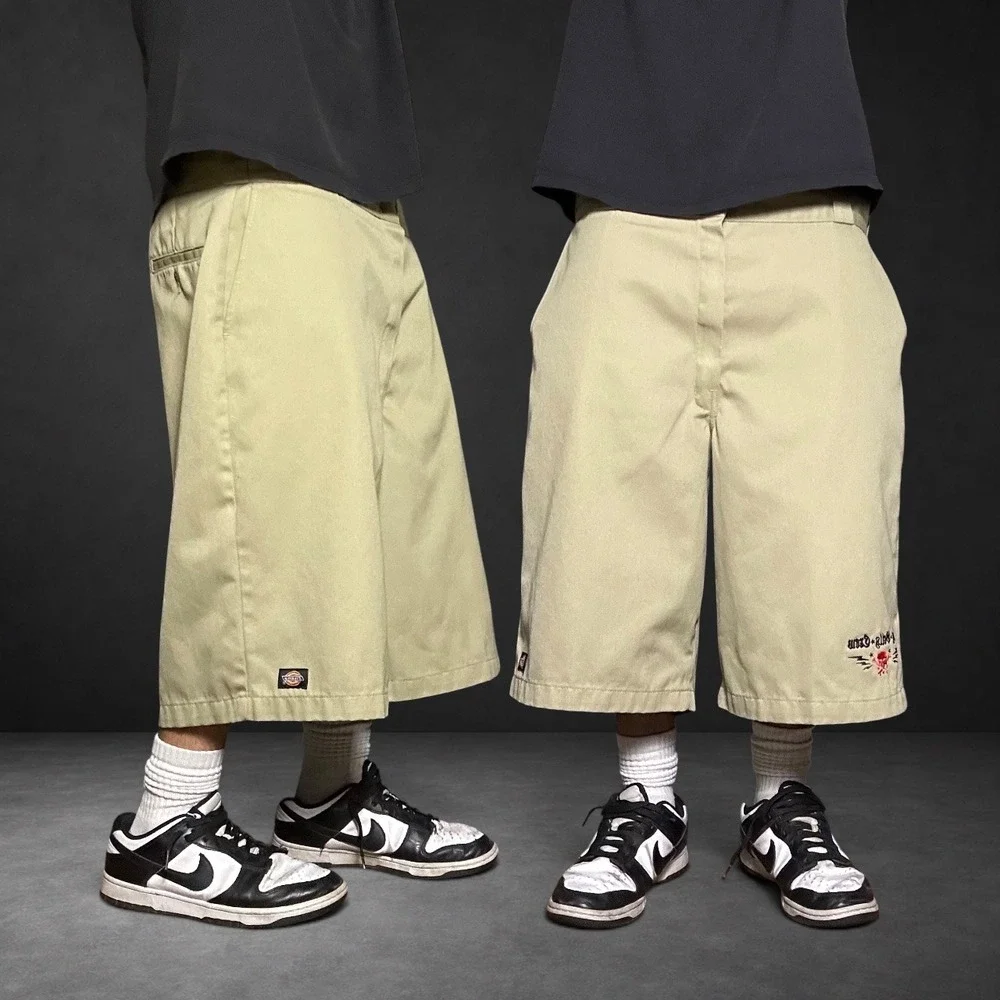 Dickies Big Belly Crew Embroidered Loose Fit Khaki Skater Shorts Size 38 Baggy